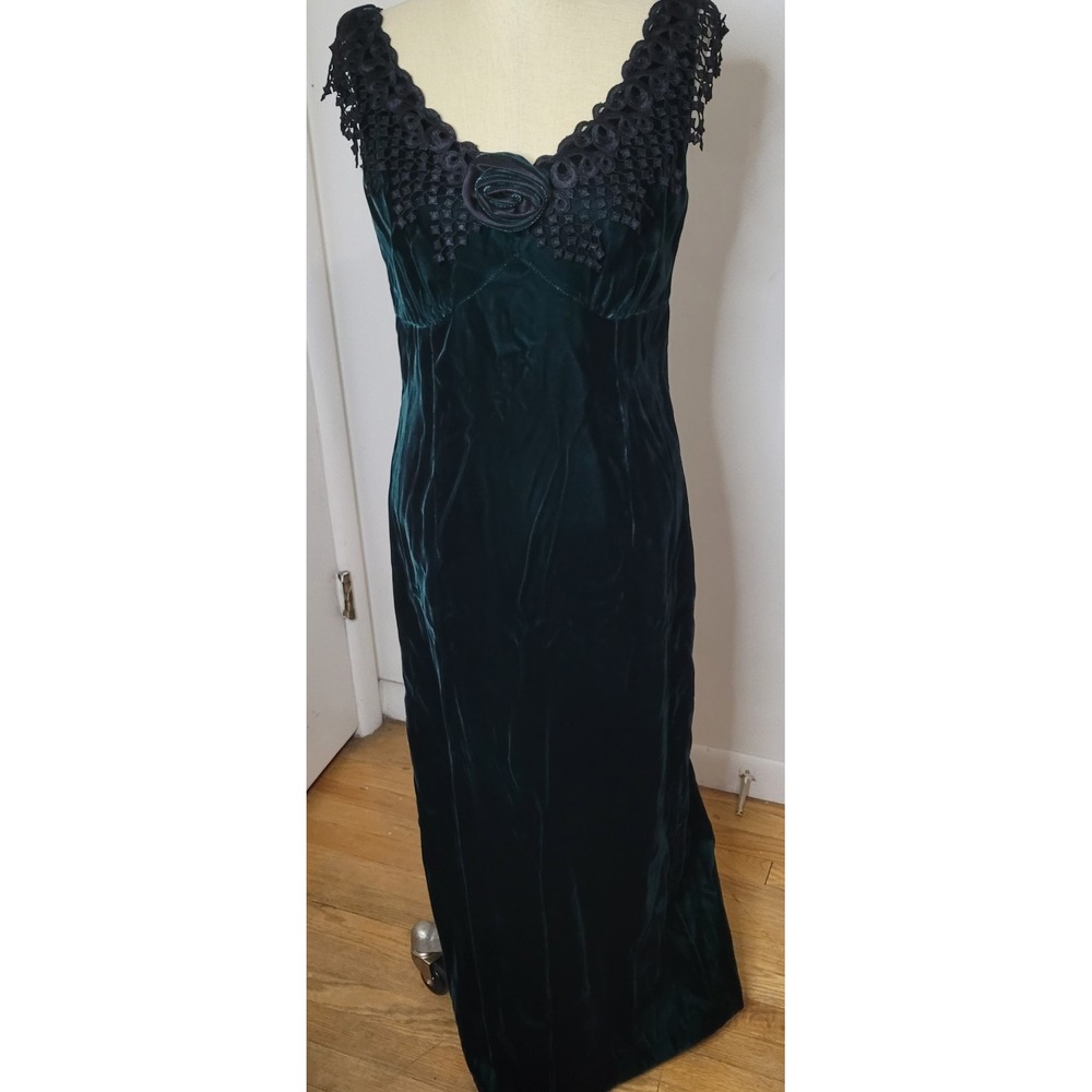 VTG Carole Little Sz 12 Velvet Green Maxi Dress Whimsigoth Old Hollywood Romance